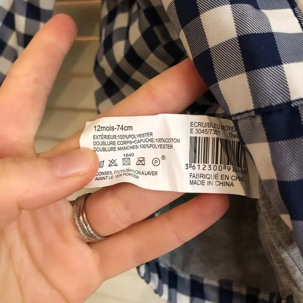 Bout Chou Blue and White Gingham Hooded Full Zip Jacket